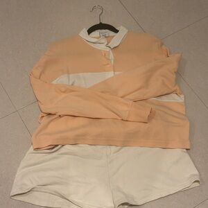 Outdoor Voices Peach and Cream Long Sleeve Polo Top & shorts set